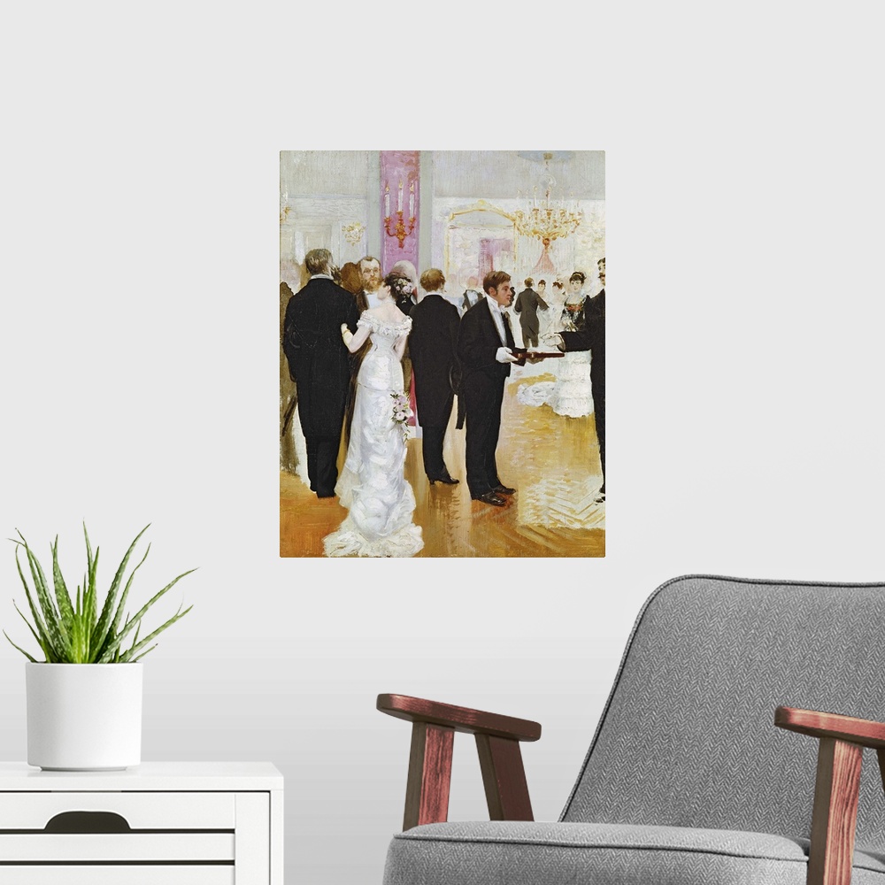 A modern room featuring XIR63422 The Wedding Reception, c.1900 (oil on canvas)  by Beraud, Jean (1849-1935); 37x30 cm; Pr...