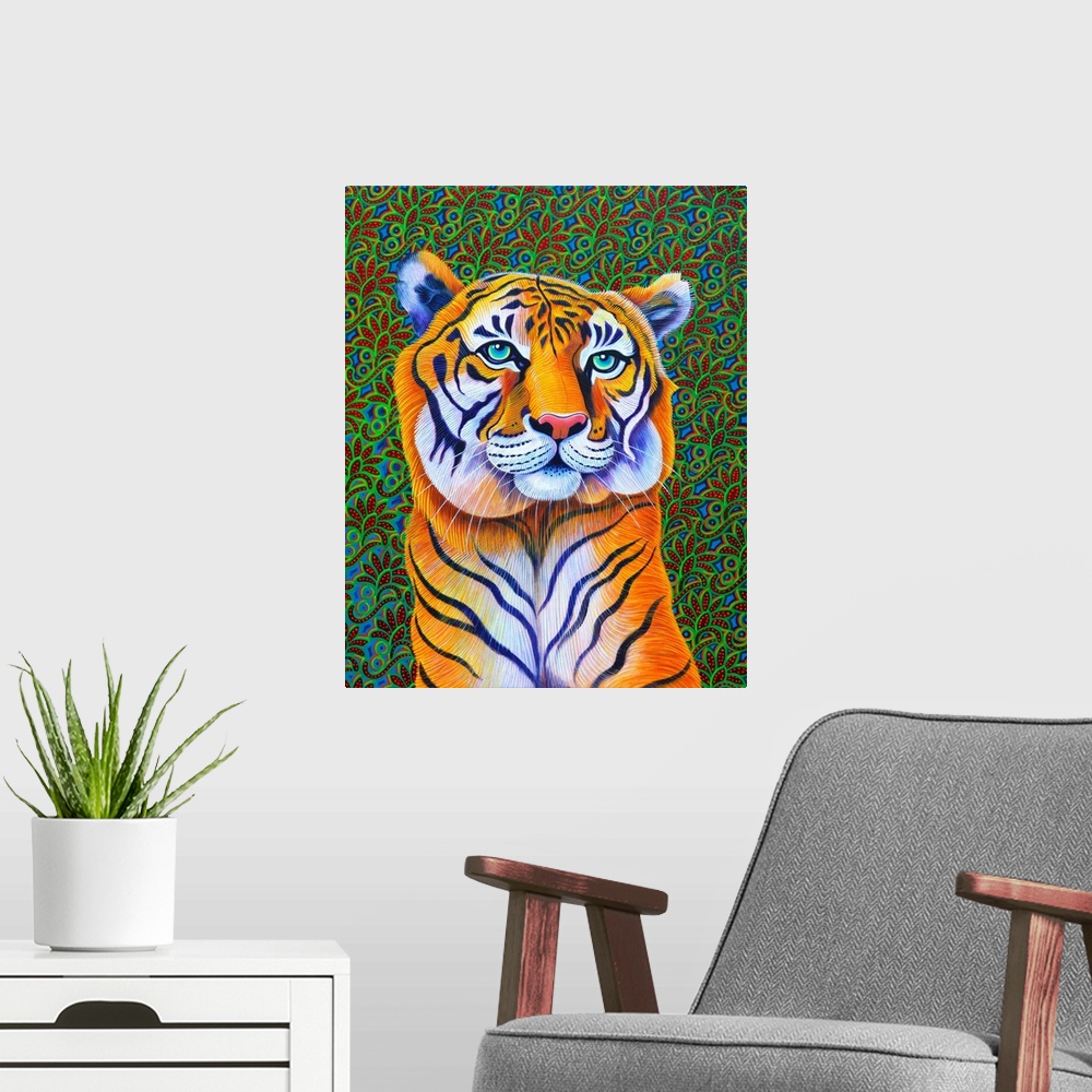 A modern room featuring Tiger, 2018, (originally oil on canvas) by Tattersfield, Jane