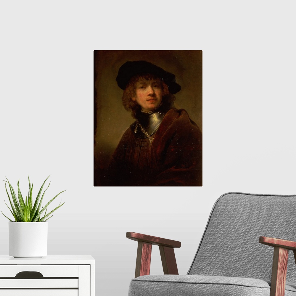 A modern room featuring XIR30289 'Tronie' of a Young Man with Gorget and Beret, c.1639 (oil on panel); by Rembrandt Harme...