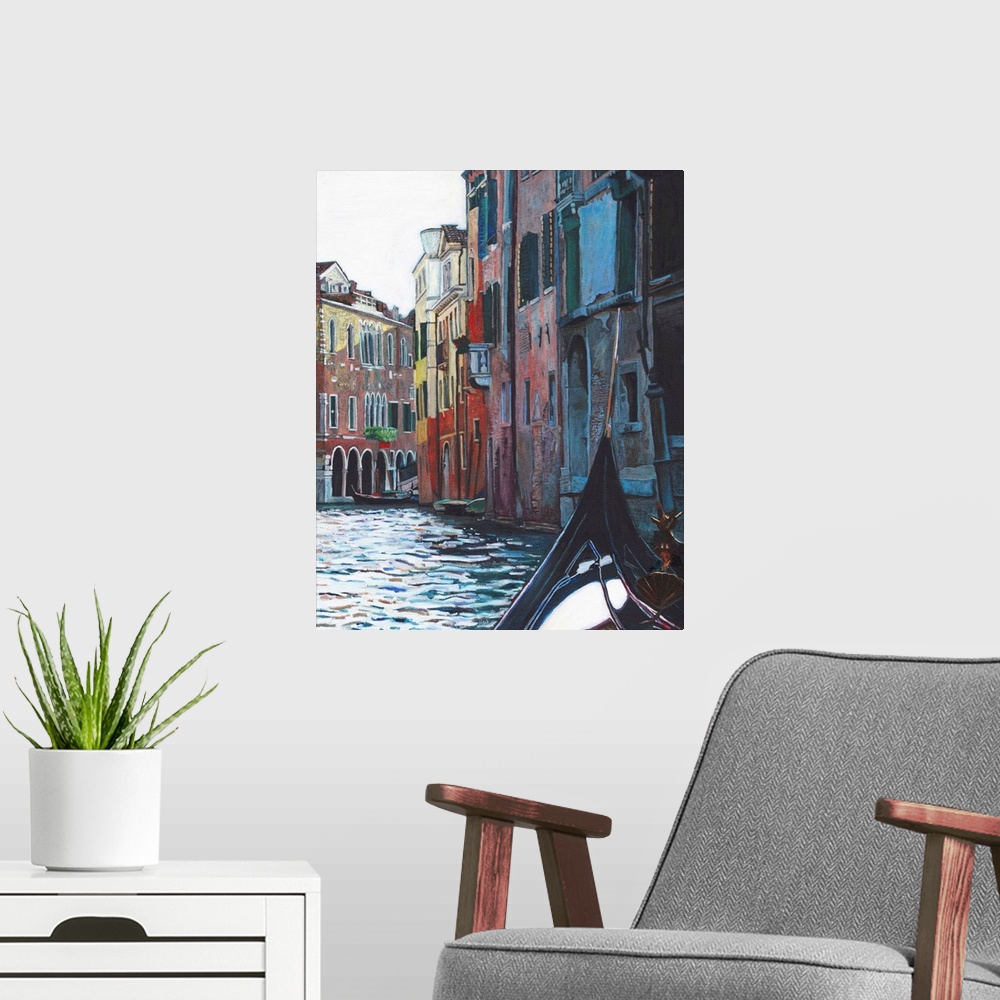 A modern room featuring Contemporary painting of a view of Venice from the seat of a gondola.