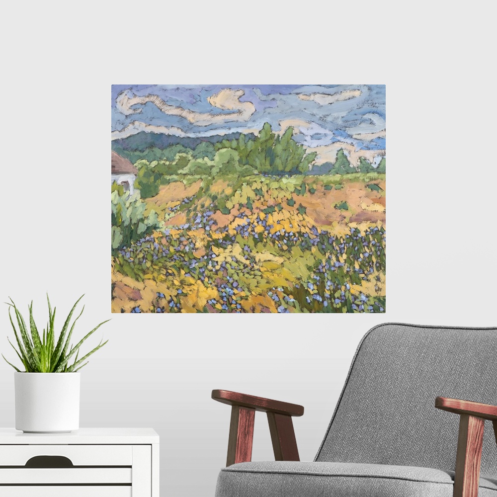A modern room featuring Wild Flowers on the Dyke Bank, oil on board