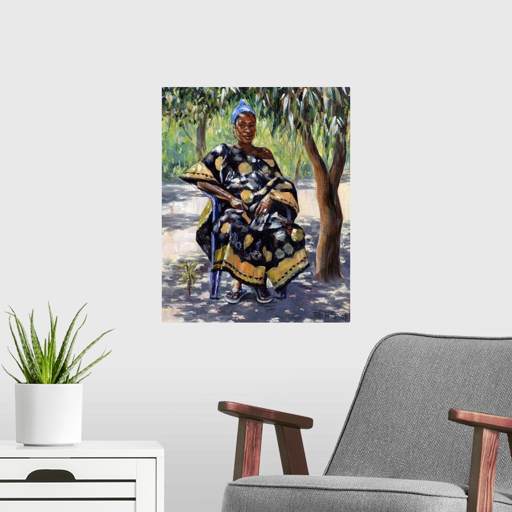 A modern room featuring This contemporary artwork is of a woman wearing a colorful dress sitting beneath trees that shade...