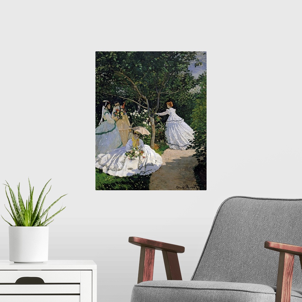 A modern room featuring Classic oil painting by Claude Monet of four ladies surrounded by flowers and greenery.