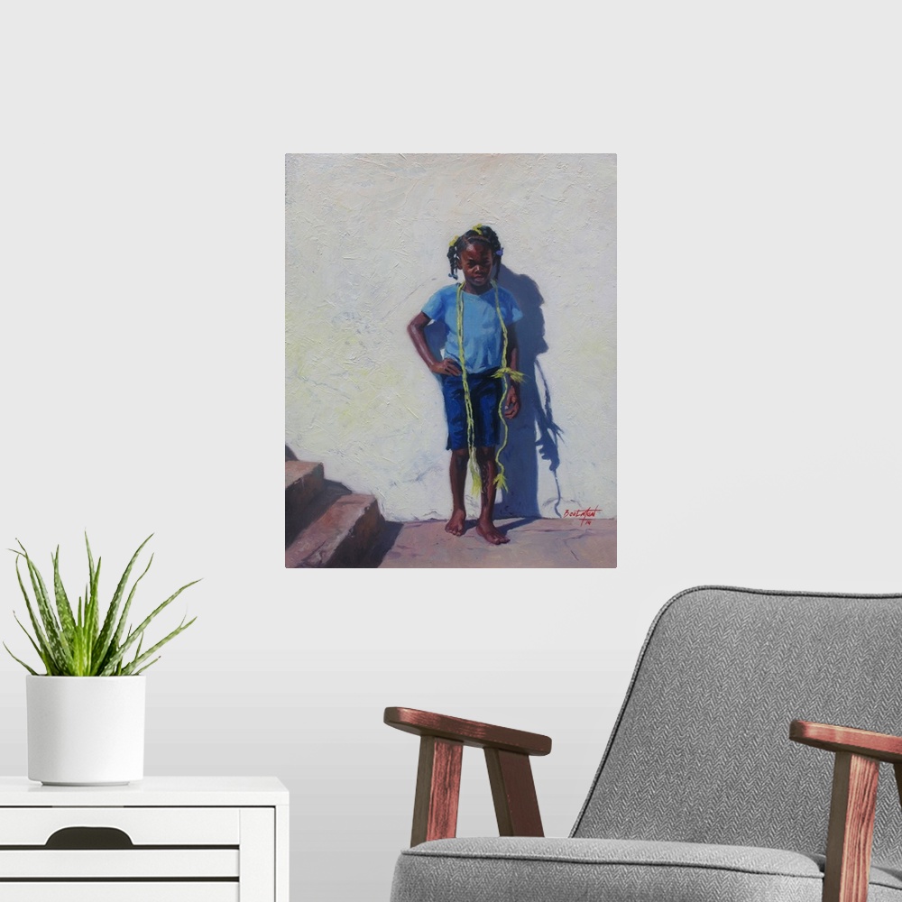 A modern room featuring Contemporary painting of a girl with a yellow rope around her shoulders standing against a wall.