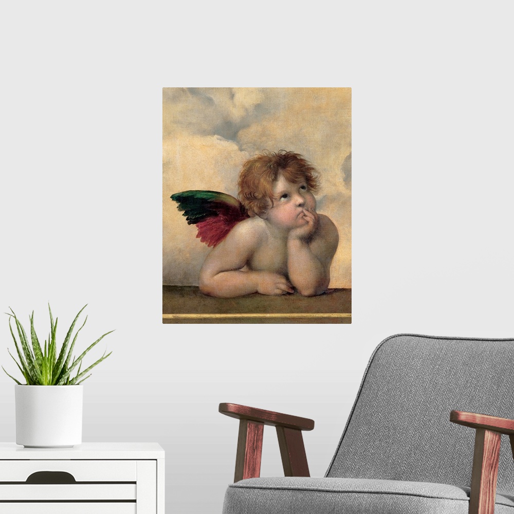A modern room featuring Detail from The Sistine Madonna, 1513 by Raphael, of winged cherubim rest on their elbows.
