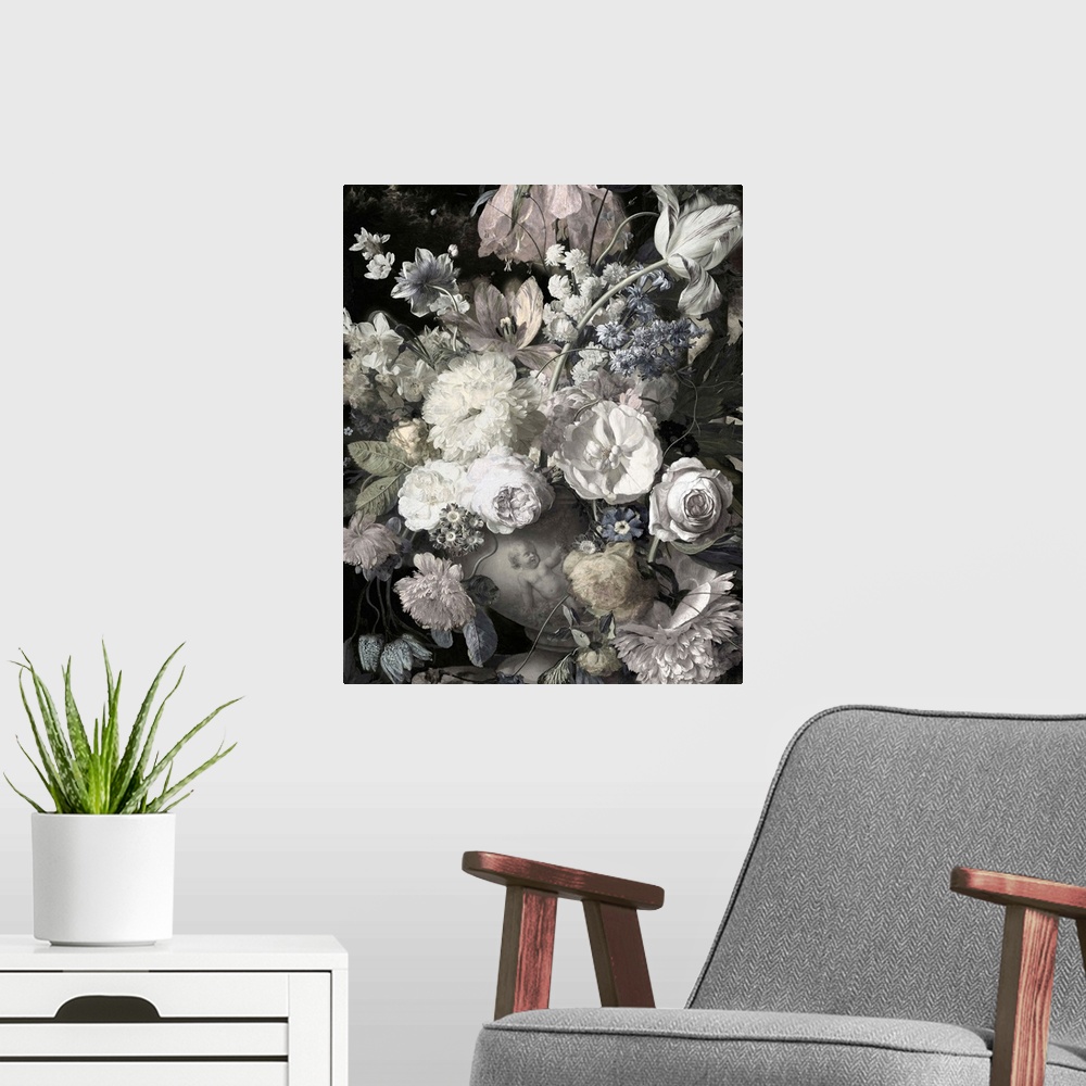 A modern room featuring Desaturated artwork showing a romantic bouquet of flowers in a vase with a cherub on it over a da...
