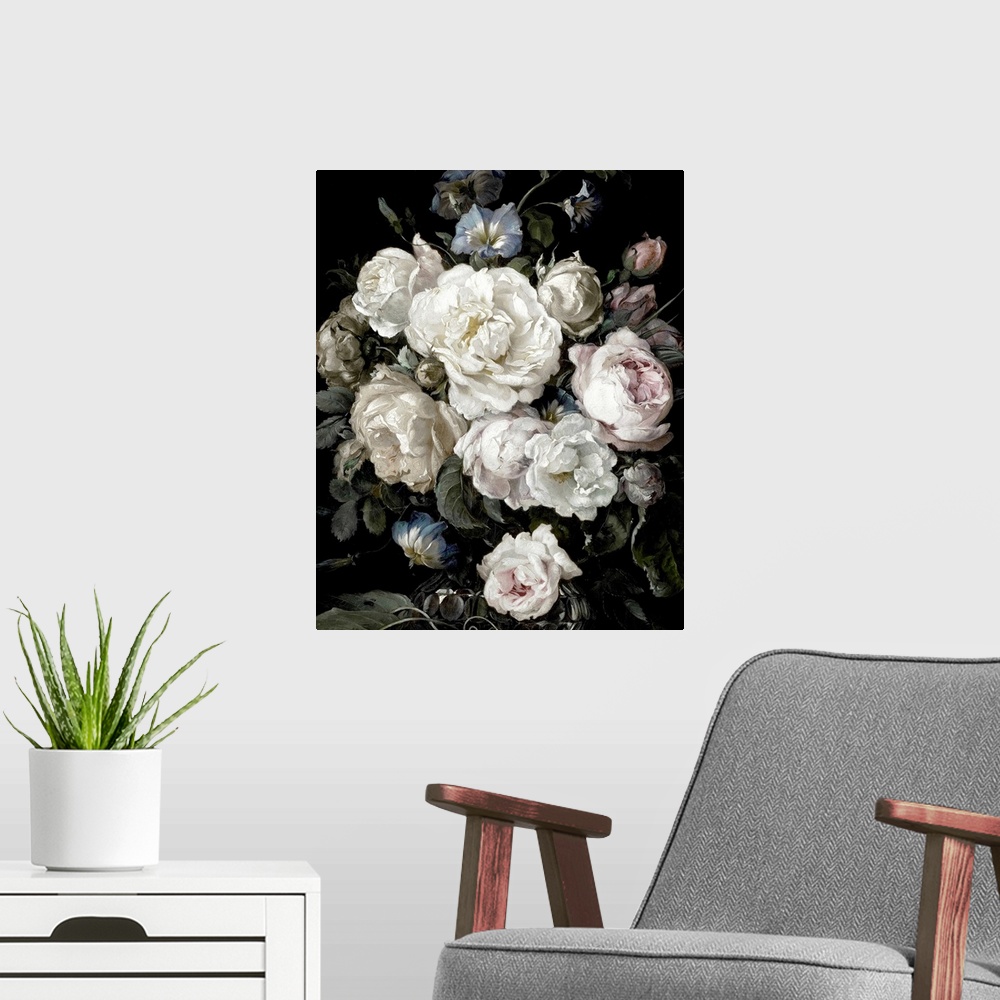 A modern room featuring Desaturated artwork showing a romantic bouquet of flowers in a vase  over a dark background.