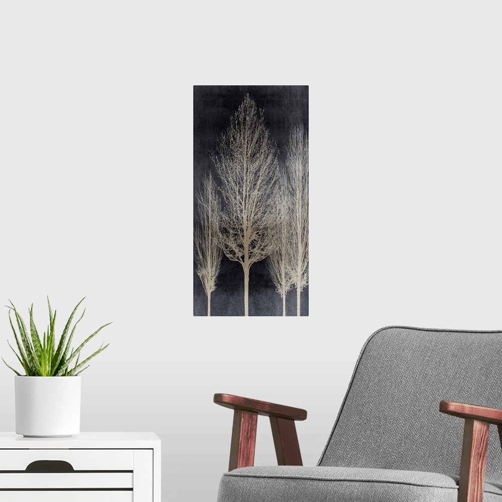 A modern room featuring Decorative artwork featuring an aged silver silhouette of leafless trees over a distressed backgr...