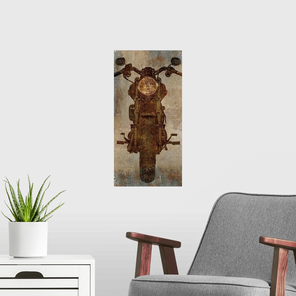 A modern room featuring Panel decor with a vintage illustration of a motorcycle in sepia and gold tones.