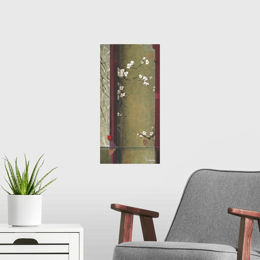 A modern room featuring A contemporary painting with white cherry blossoms bordered with a square grid design.