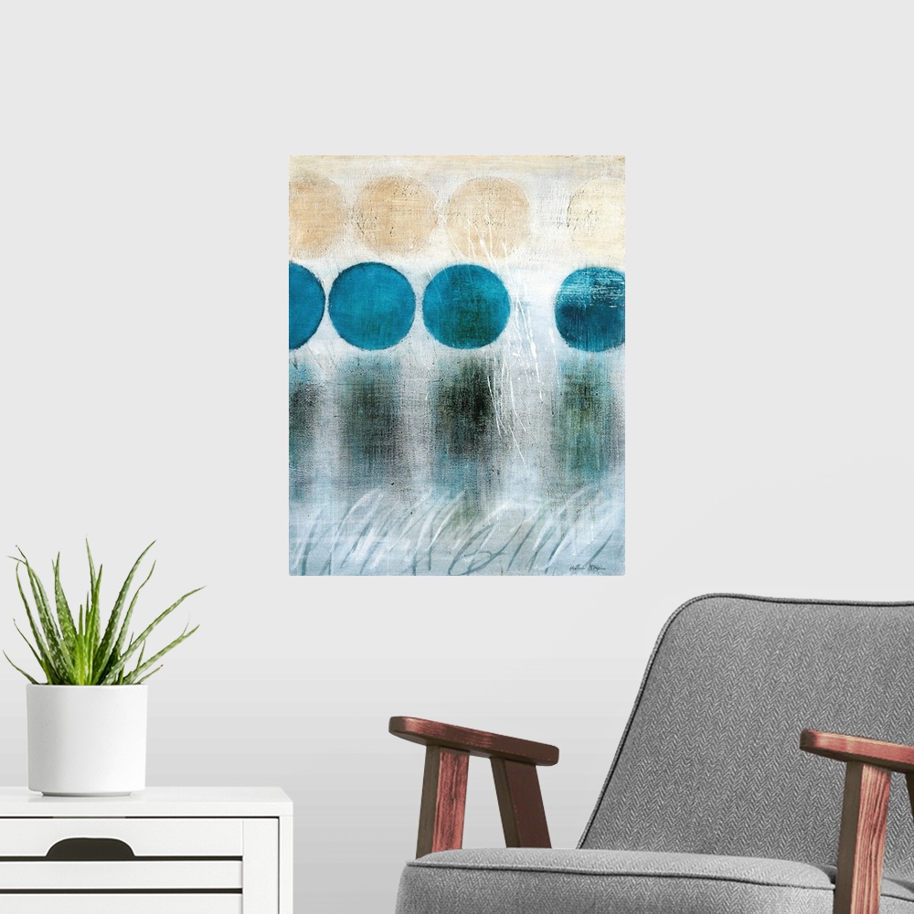 A modern room featuring A vertical abstract painting in blue and brown tones with circles and textured strokes.
