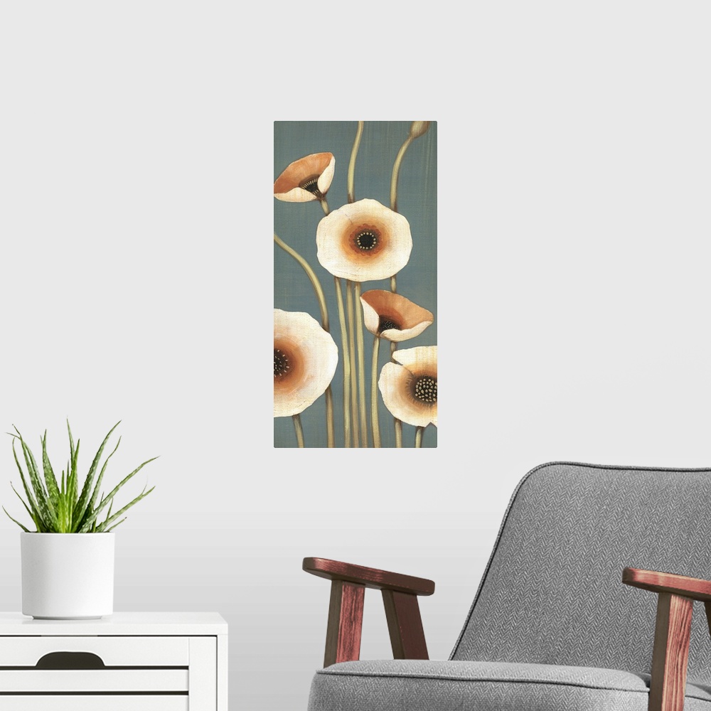 A modern room featuring Vertical painting of a group of flowers in muted earth tones.