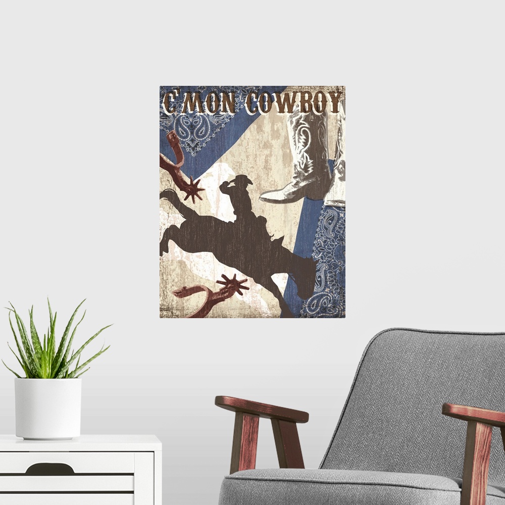 A modern room featuring "C'Mon Cowboy" artwork with cowboy boots, spurs, bandana and a man riding a horse.