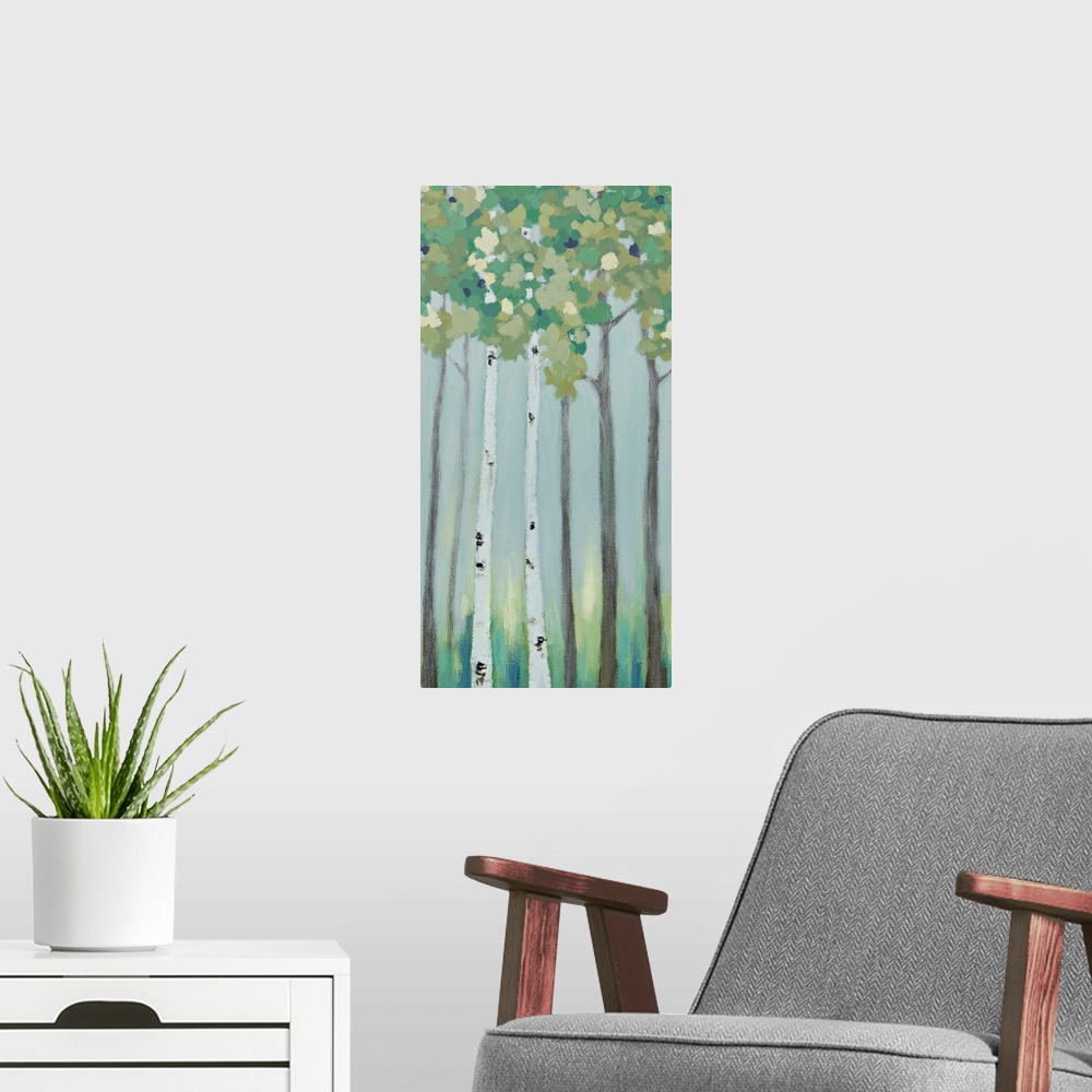 A modern room featuring A long vertical painting of a row of trees in muted cool tones.