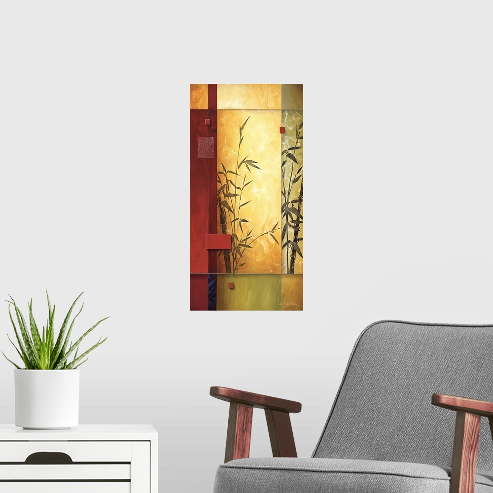 A modern room featuring A contemporary painting of bamboo bordered with a square grid design.