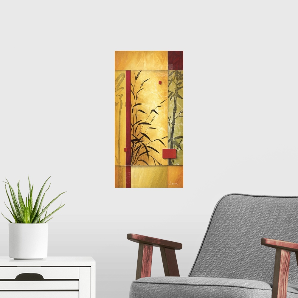 A modern room featuring A contemporary painting of bamboo bordered with a square grid design.