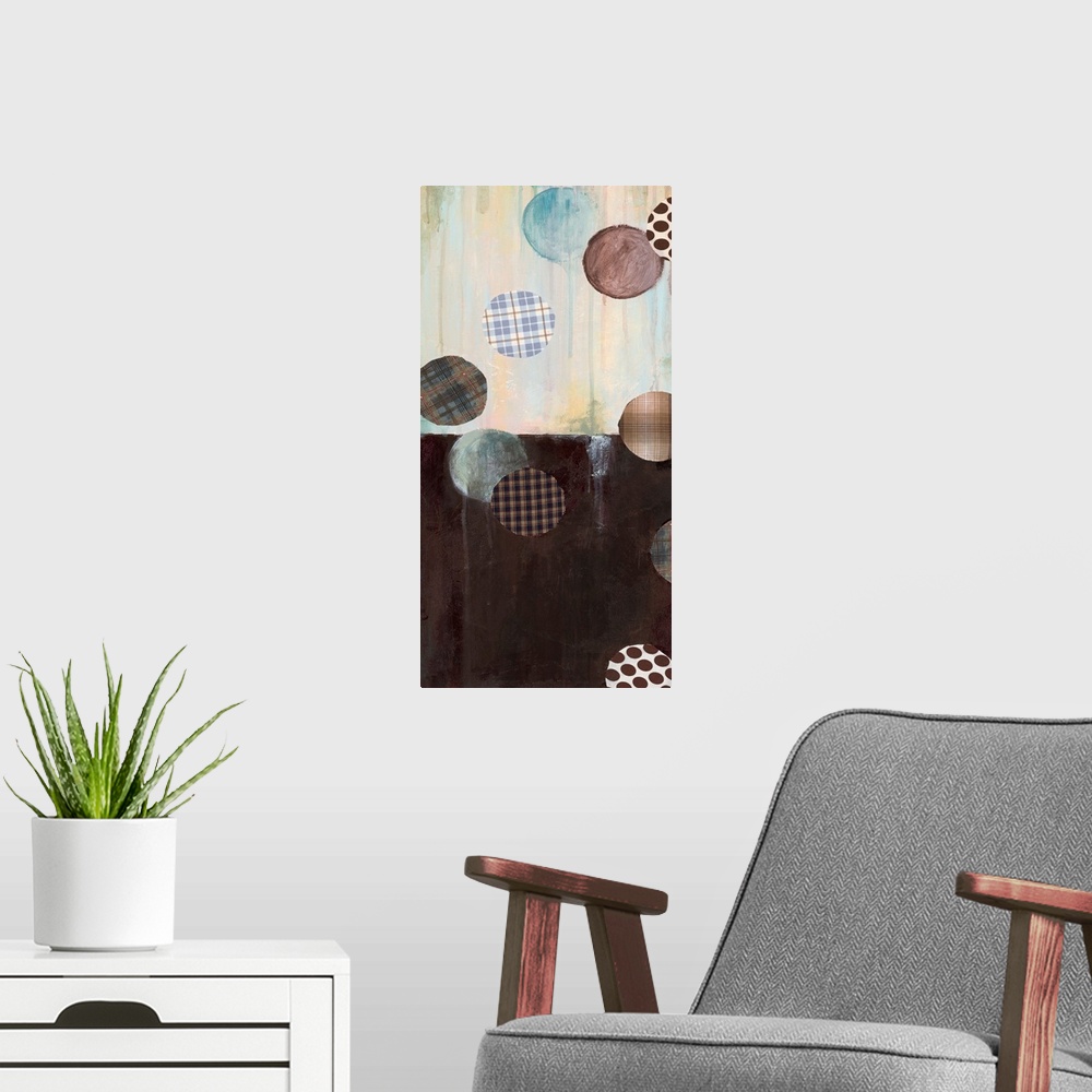 A modern room featuring Abstract painting of brown and cream with circular shapes in plaid patterns overlapping.