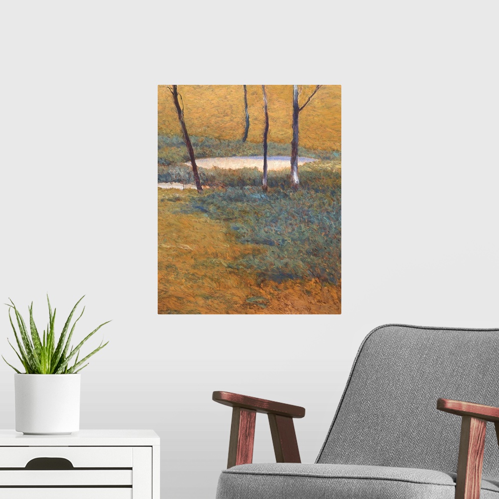 A modern room featuring Vertical painting of a small pond surround by thin trees done with small, short brush strokes.