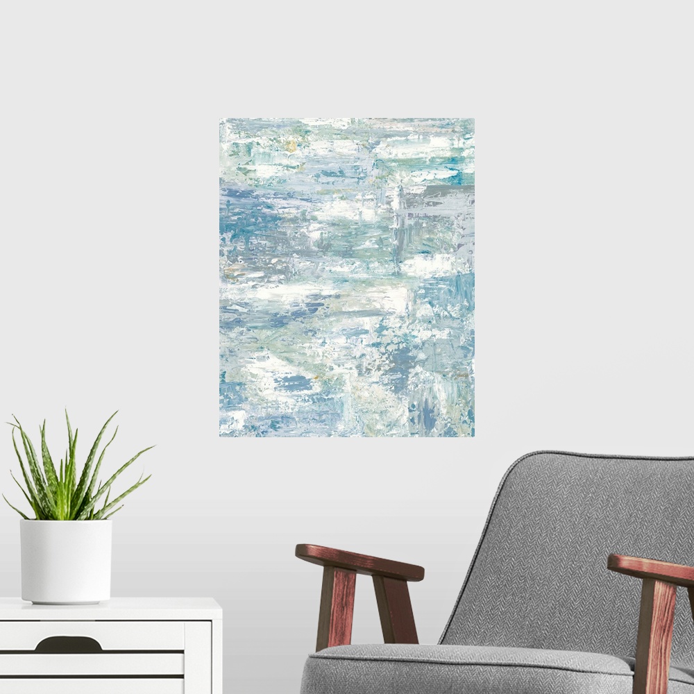A modern room featuring Vertical abstract painting in textured colors of white and gray.