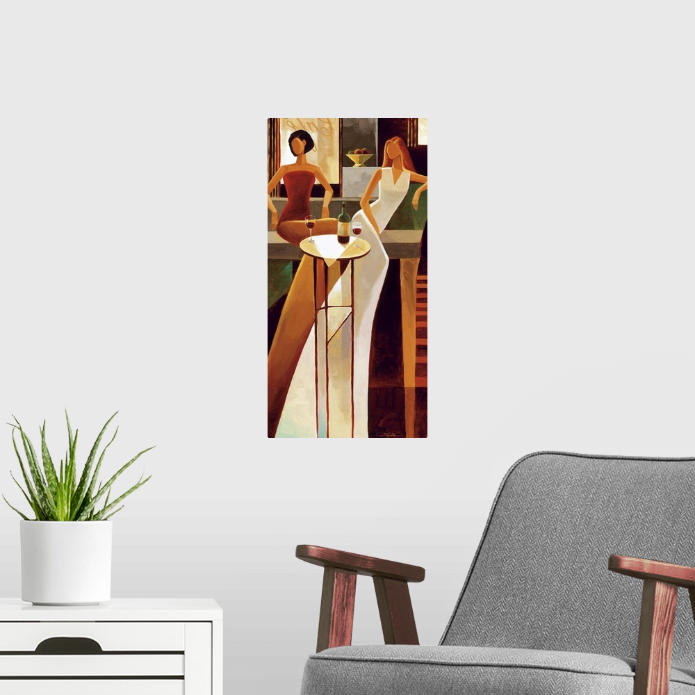 A modern room featuring Contemporary painting of two women in evening gowns with wine.