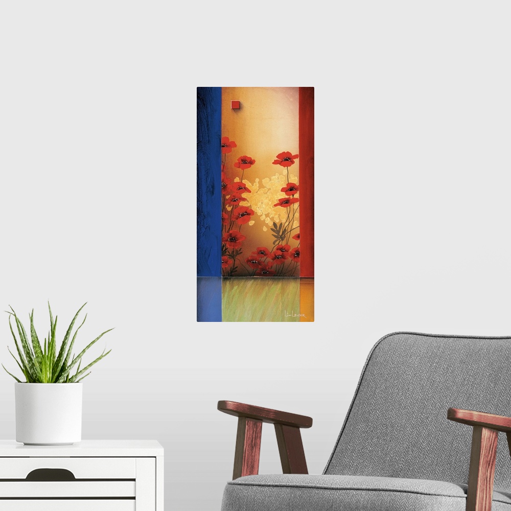 A modern room featuring A contemporary painting with red poppies bordered with a square grid design.