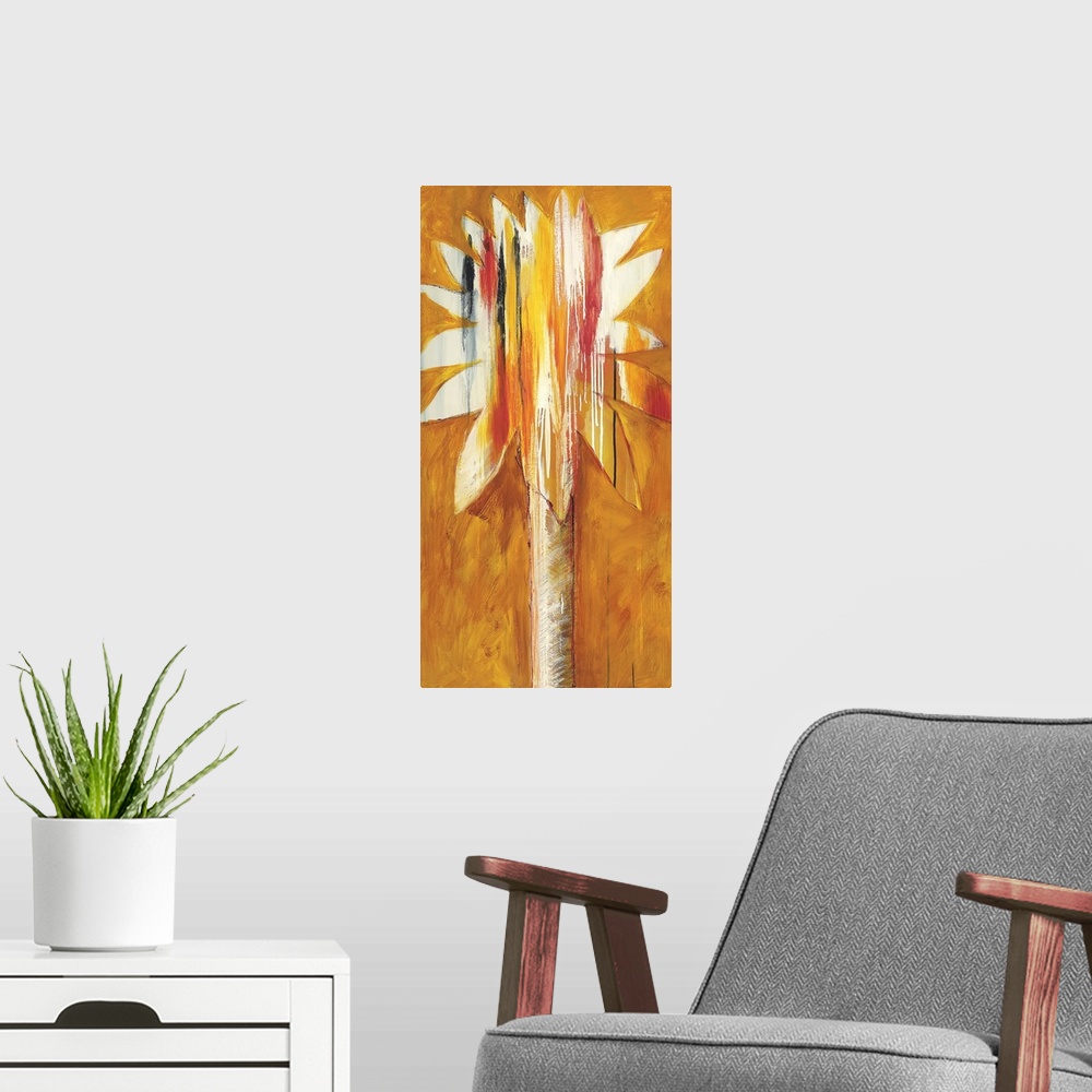 A modern room featuring A modern painting of a single palm tree in vibrant colors of orange.