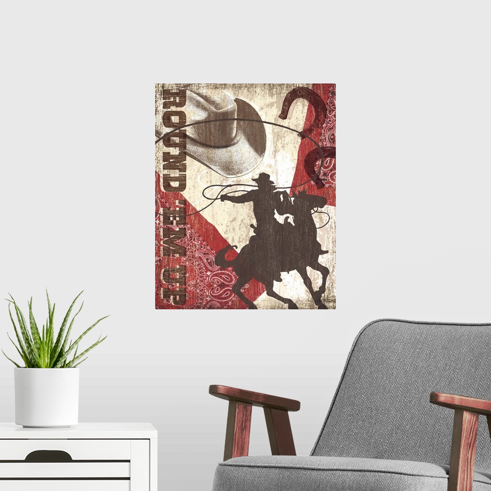 A modern room featuring "Round'Em Up" artwork with cowboy hat, horseshoes, bandana and a man riding a horse.