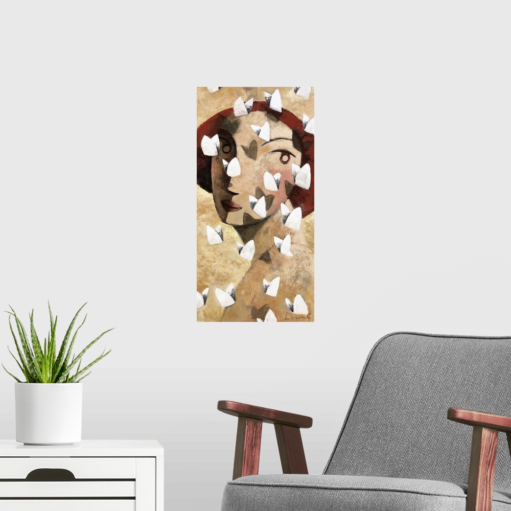 A modern room featuring A vertical portrait of a woman looking over her shoulder with white butterflies flying around her...