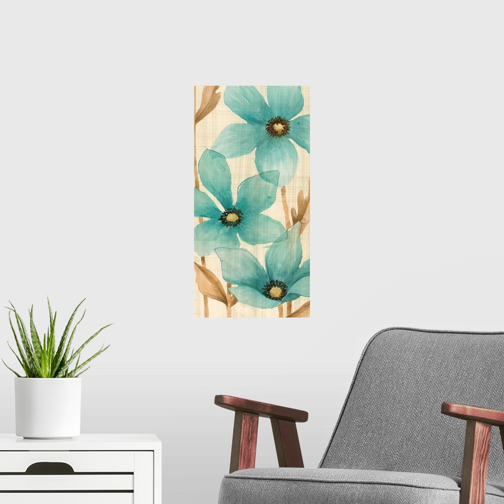 A modern room featuring Vertical watercolor painting of a group of blue flowers against a neutral backdrop and light gray...