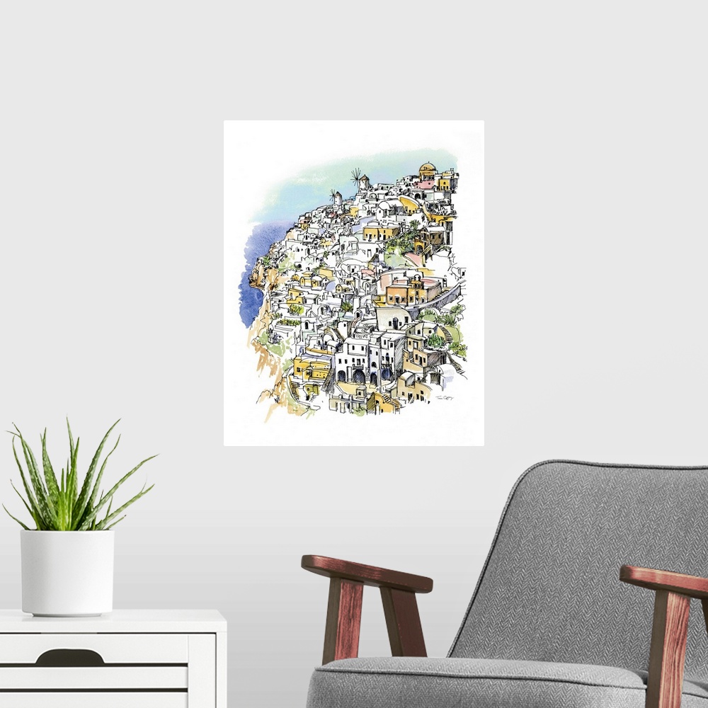 A modern room featuring A lovely pen and ink depiction of a hilltop coastal village.