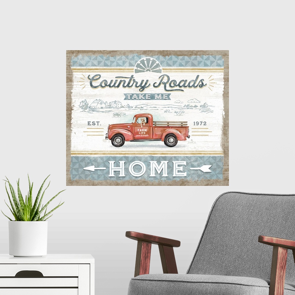 A modern room featuring Vintage farmhouse signage of a rustic red truck evokes a classic country style