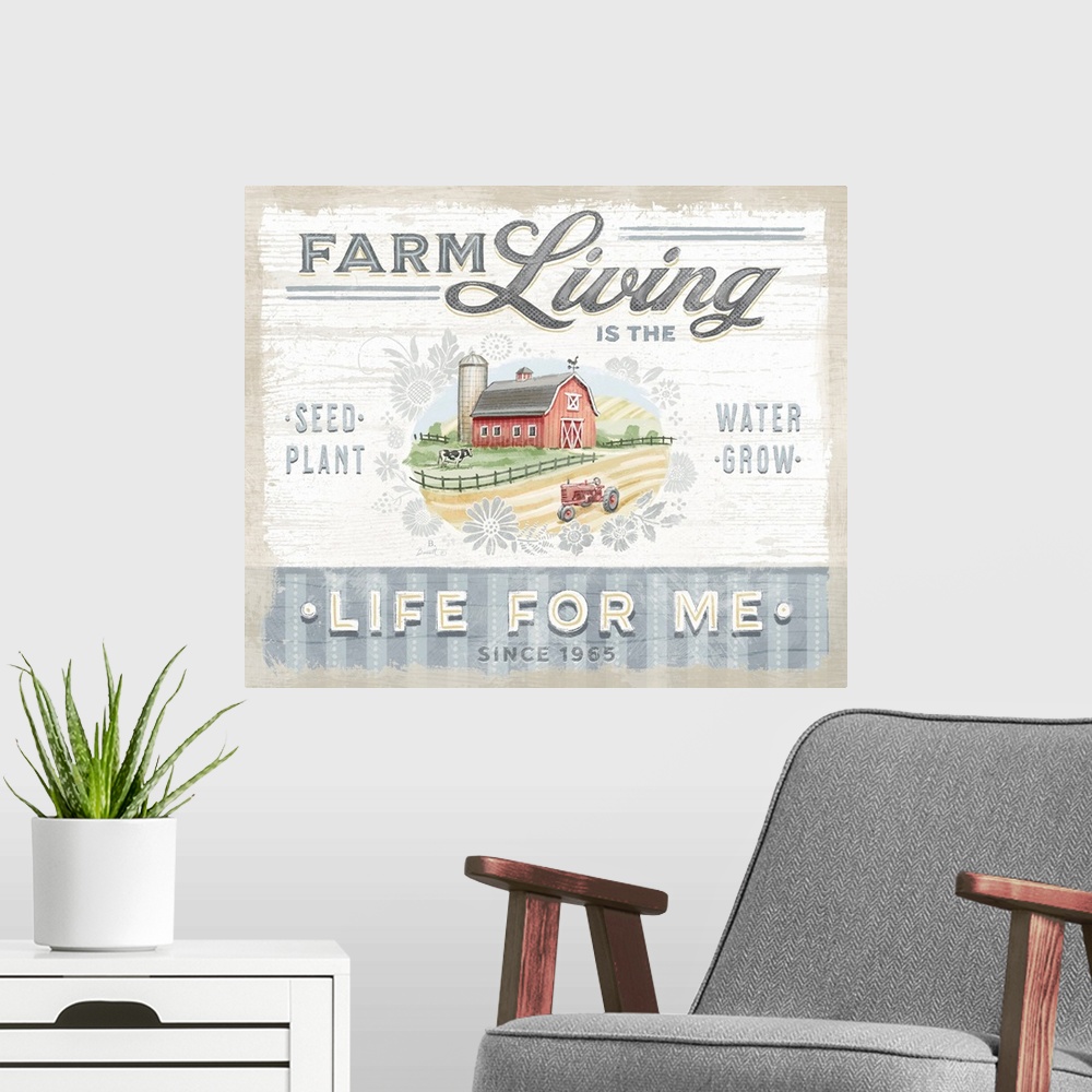 A modern room featuring Vintage farmhouse signage of a red barn evokes a sophisticated country style