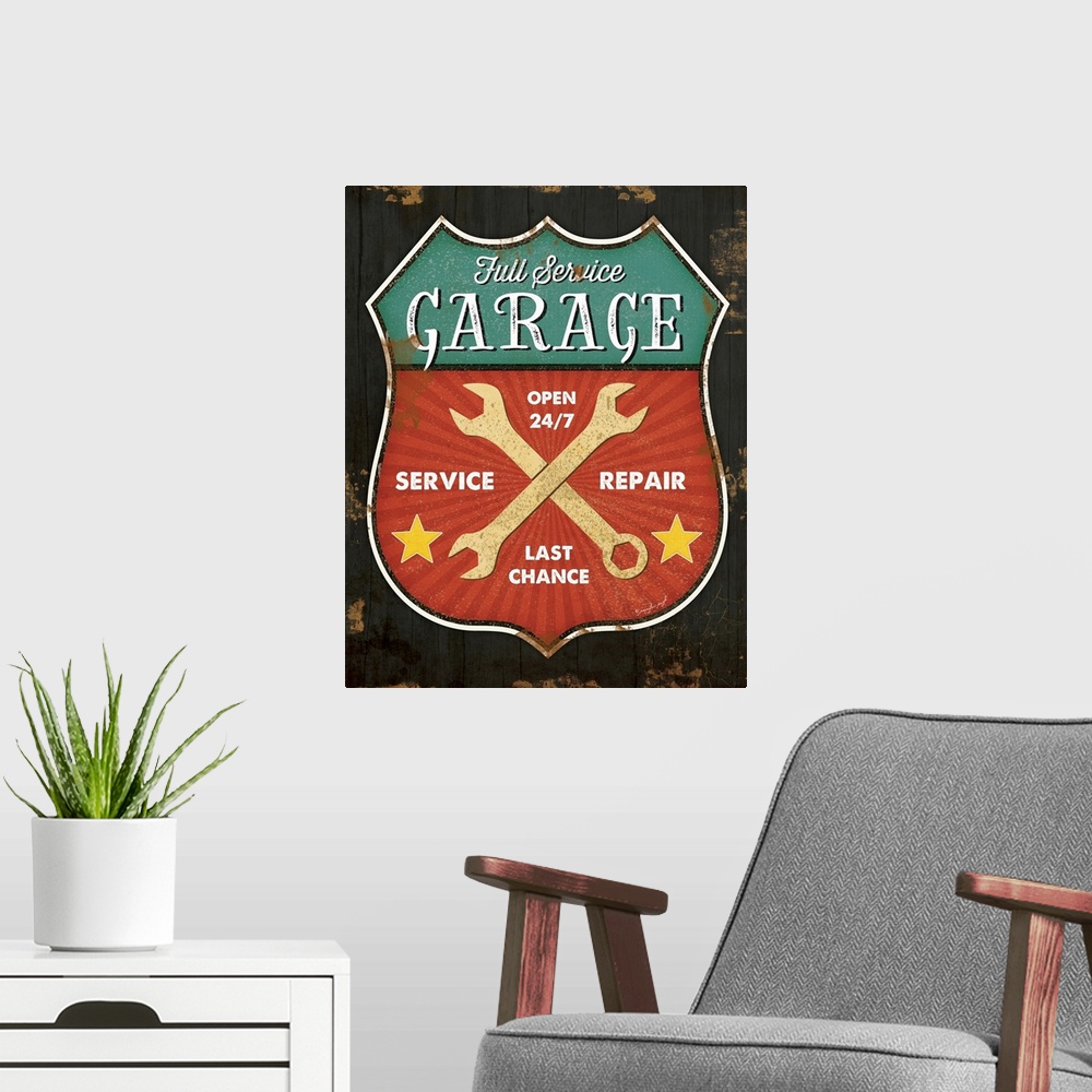 A modern room featuring A digital illustration of a full service garage sign with an antique appearance.