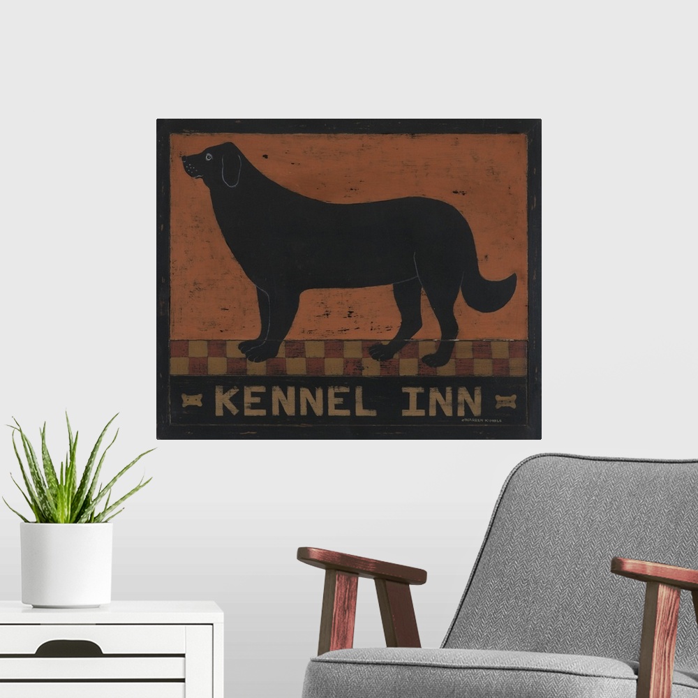 A modern room featuring Americana dog image by renowned folk artist Warren Kimble