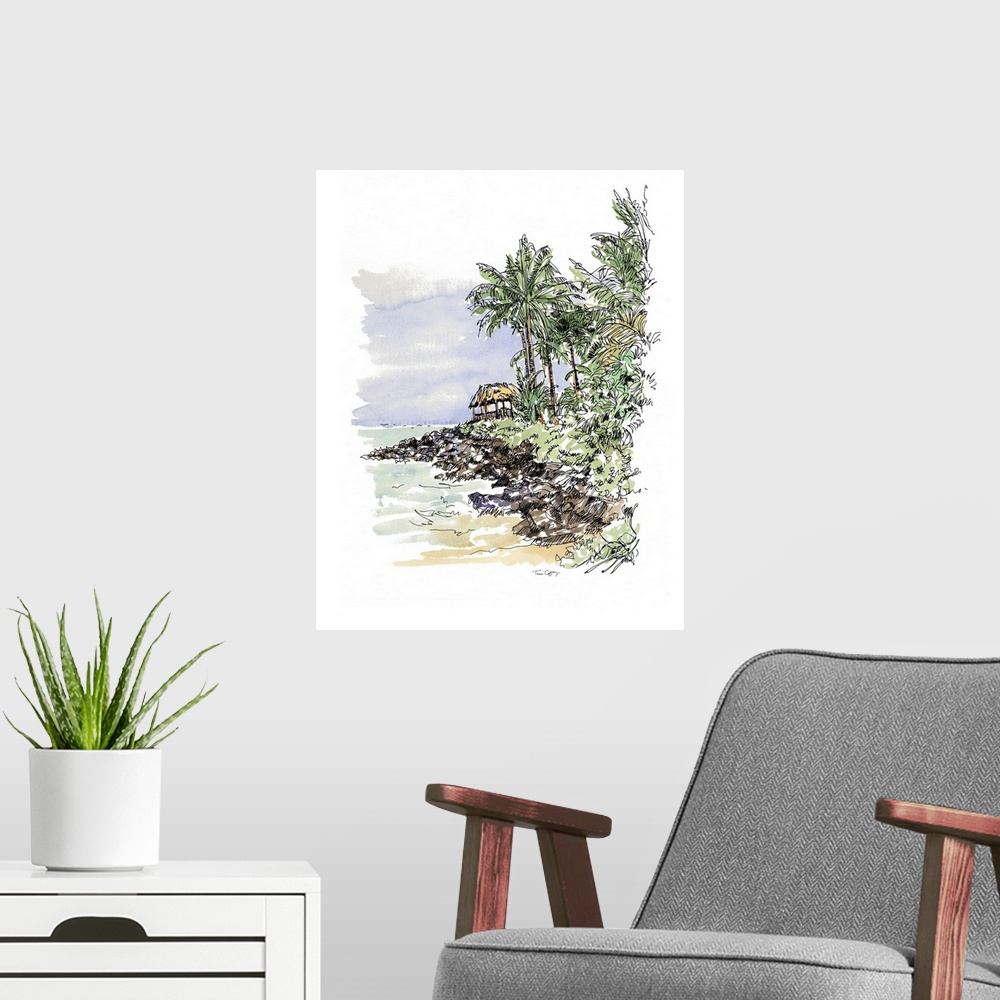 A modern room featuring A lovely pen and ink depiction of tropical palm tree coast.