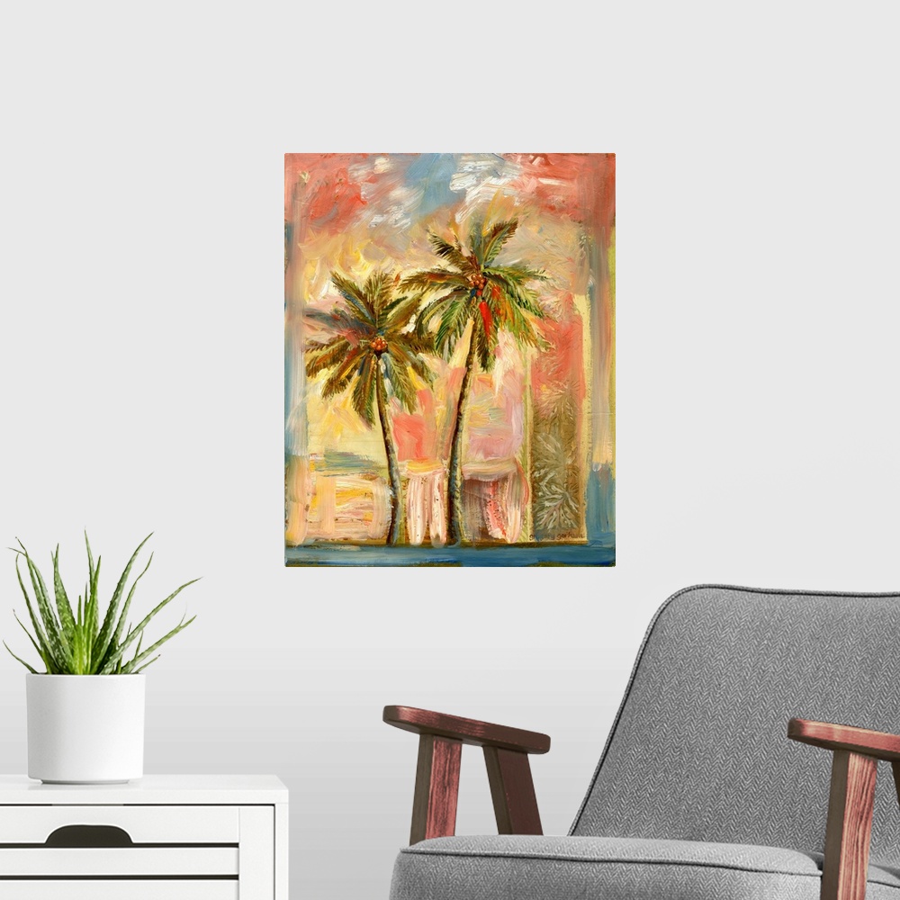 A modern room featuring Palm trees evoke warm, sun, tropicsescape!