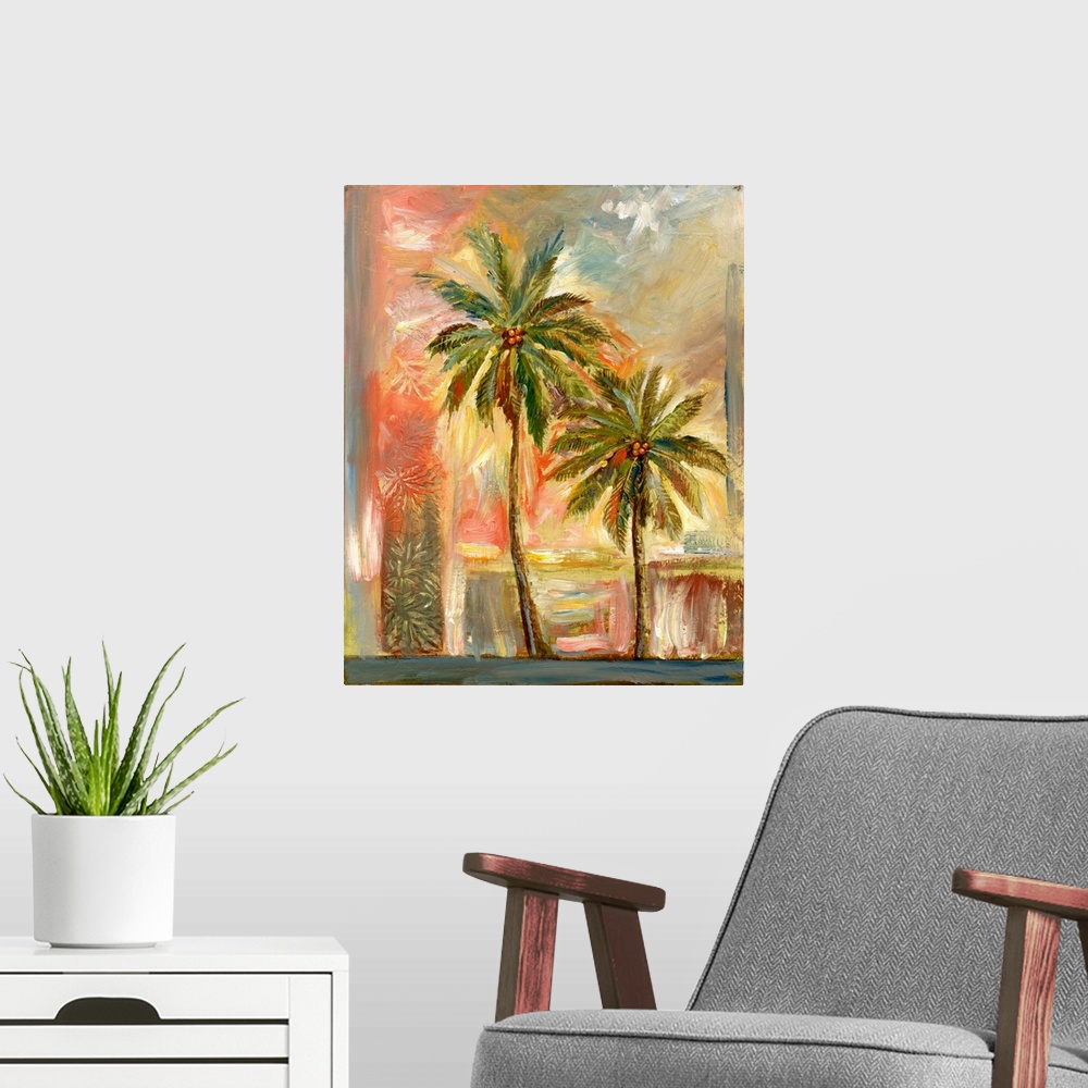 A modern room featuring Palm trees evoke warm, sun, tropicsescape!