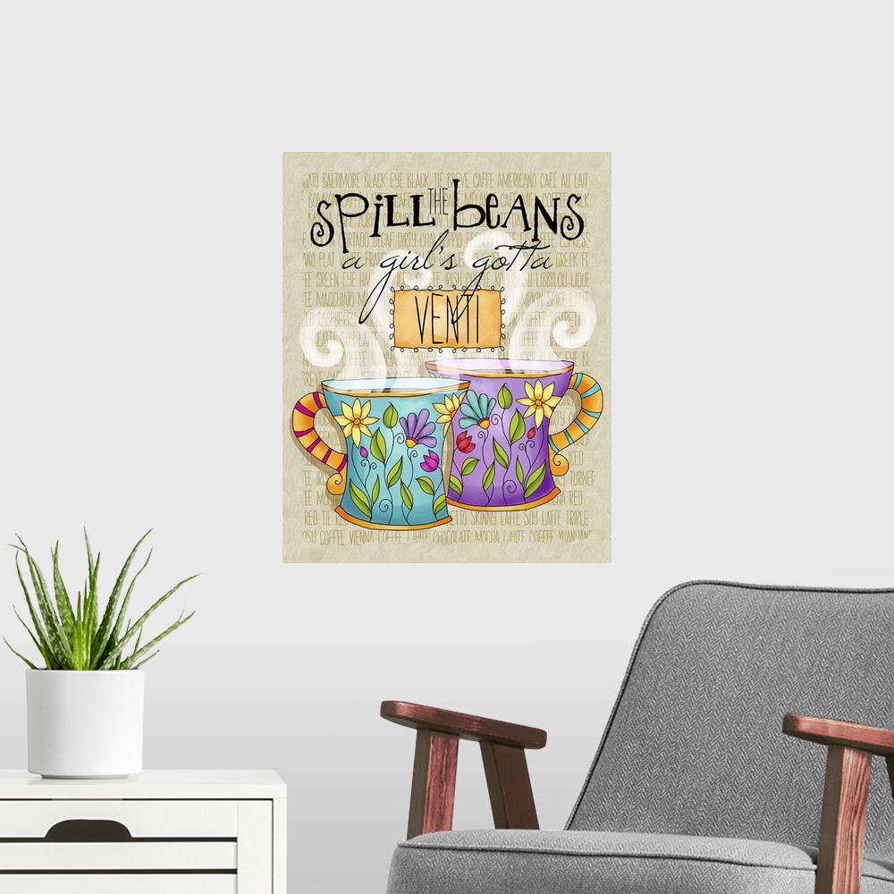 A modern room featuring Whimsical tea-themed art that is perfect for kitchen decor!