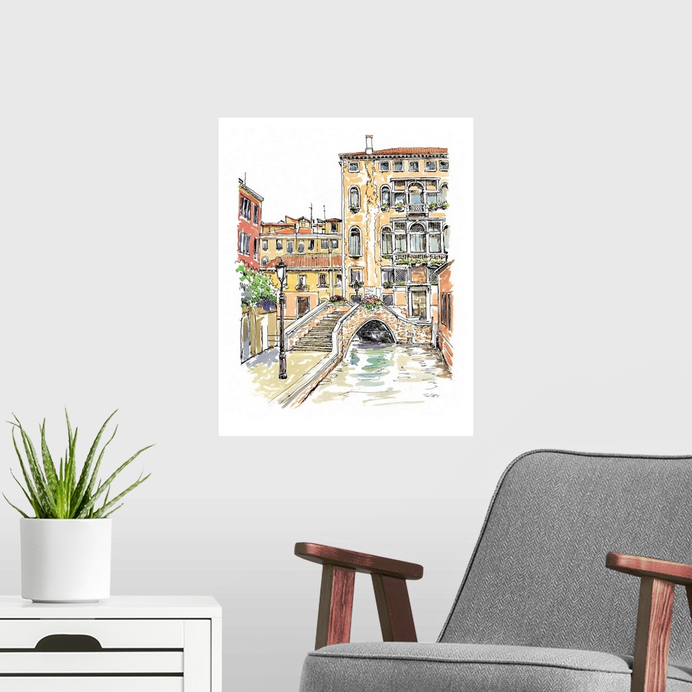 A modern room featuring A lovely pen and ink depiction of a Venetian bridge and canal.