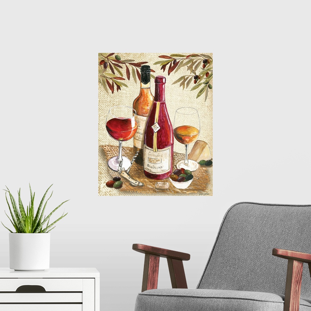 A modern room featuring Mediterannean flavor is capture in this wine and olive scene.