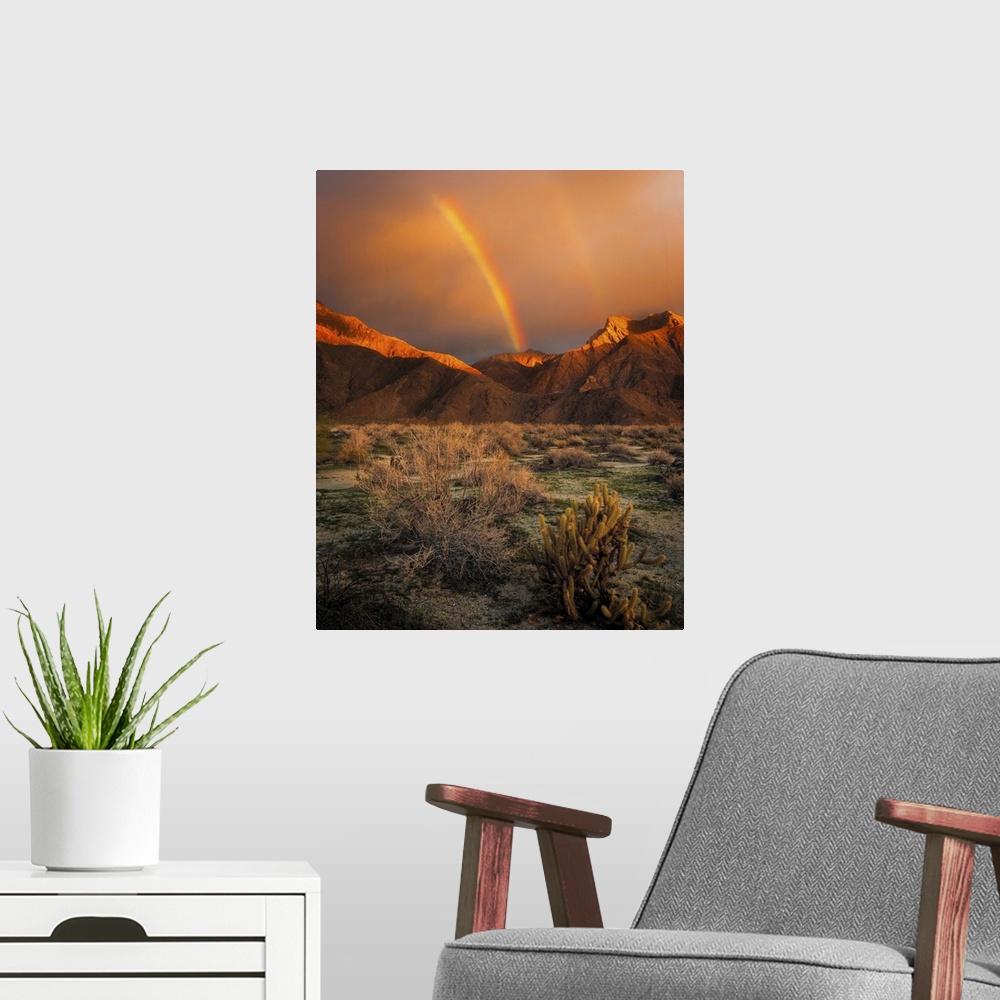 A modern room featuring USA, California, Anza-Borrego Desert State Park. Rainbow over desert mountains at sunrise.