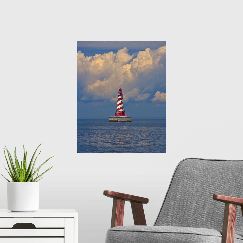 A modern room featuring Passing by White Shoal Lighthouse leaving Beaver Island.