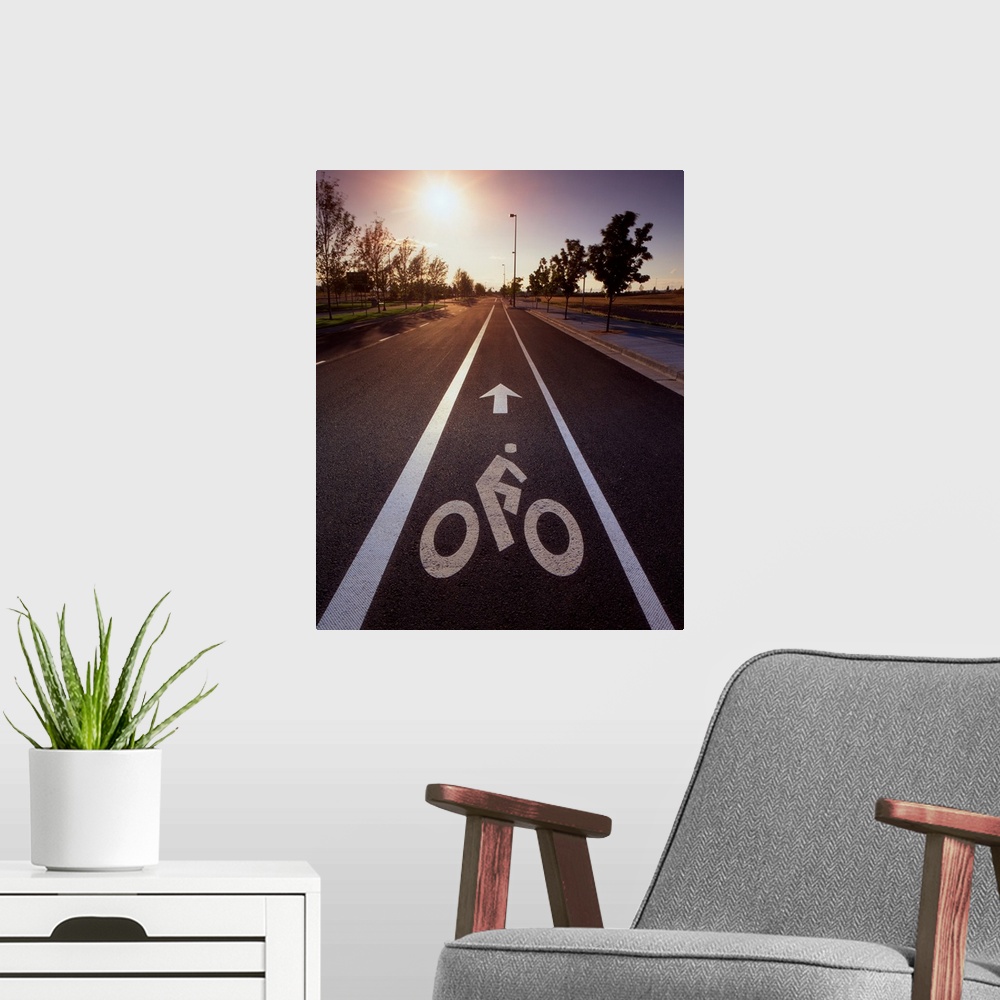 A modern room featuring USA, Oregon, Portland. Bike rider sign on street.