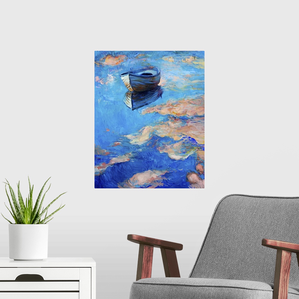 A modern room featuring Originally an abstract oil painting of a boat.