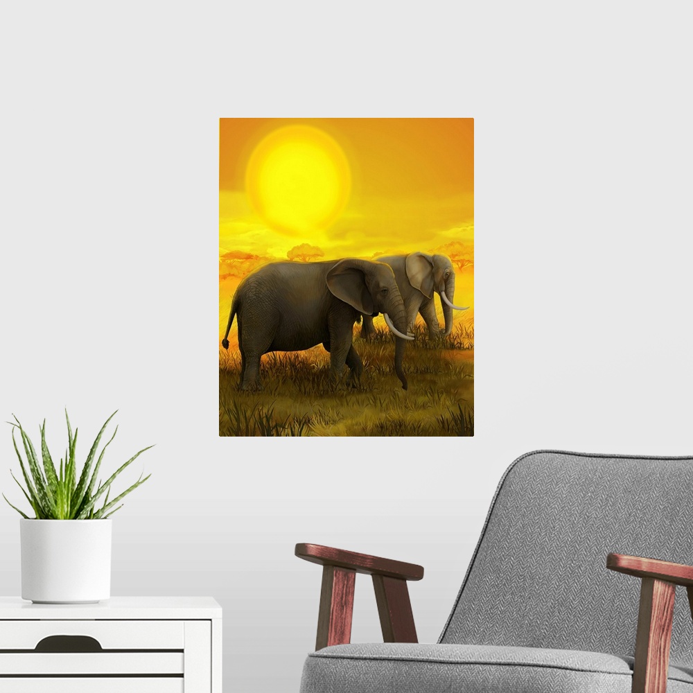 A modern room featuring Elephants on a safari, originally an illustration for the children.