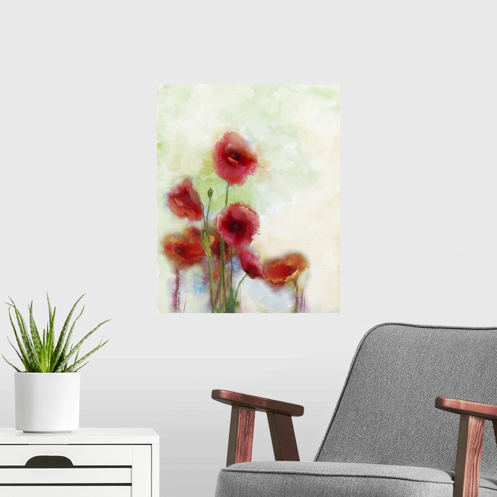 A modern room featuring Originally a watercolor flowers painting. Flowers in soft color and blur style for background. Vi...