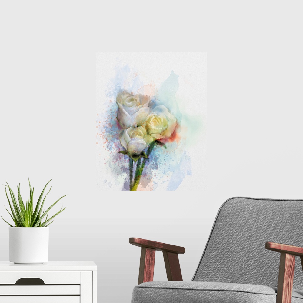 A modern room featuring Originally an abstract flowers painting. White roses floral in pastel color with light pink and y...