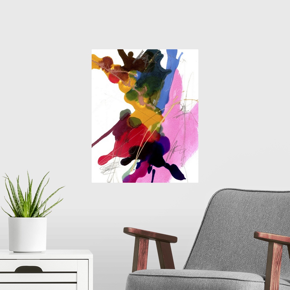 A modern room featuring Contemporary abstract painting with a mix of bright pink, red, yellow, and blue, over white with ...
