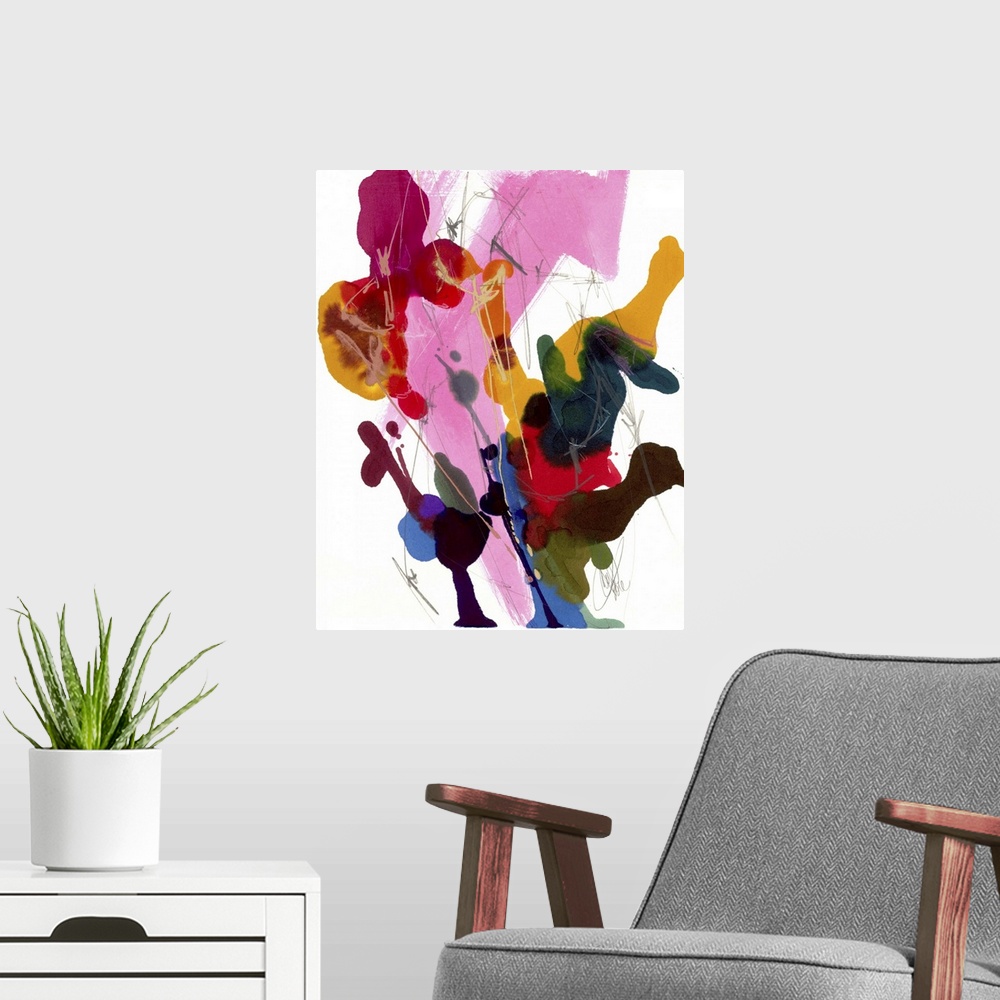 A modern room featuring Contemporary abstract painting with a mix of bright pink, red, yellow, and blue, over white with ...