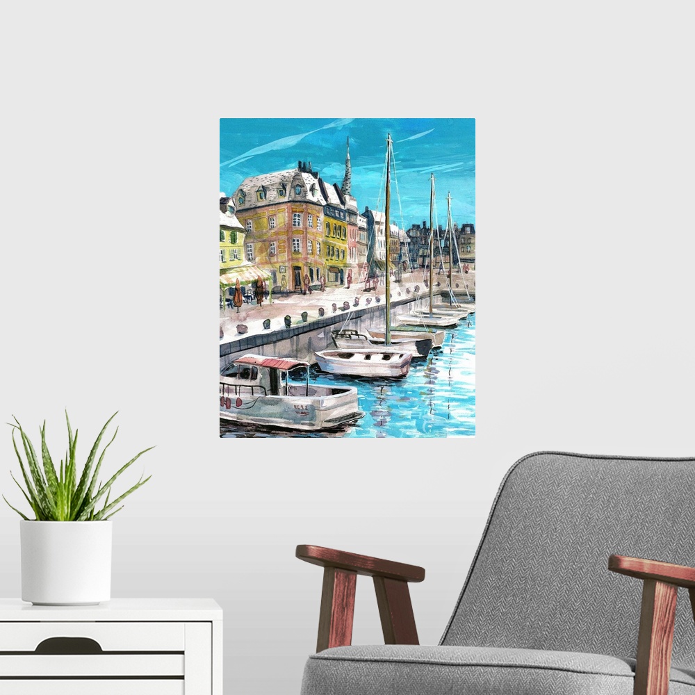 A modern room featuring watercolor and gouache illustration of the famously picturesque marina in the middle of Honfleur,...